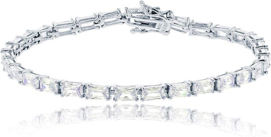 Sterling Silver Rhodium Baguette Cubic Zirconia Tennis Bracelet