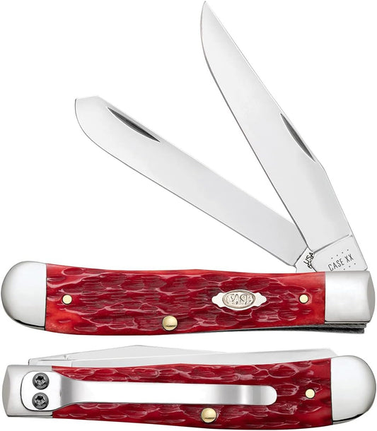 WR Case XX Pocket Knife Item 31957 TRAPPER - DARK RED BONE CS - PEACH SEED JIG W/POCKET CLIP, CLIP AND SPEY BLADES Length Closed: 4 1/8