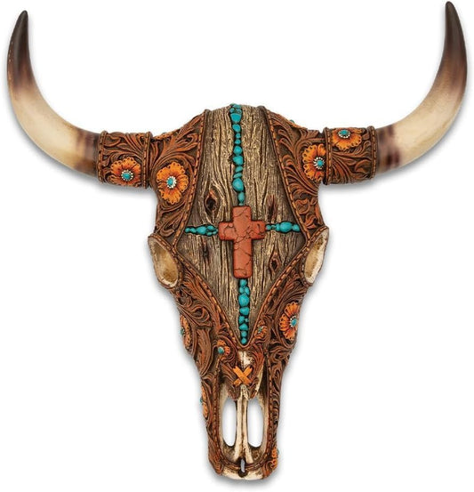 Western Cow Skull Sculpture | Tooled Leather with Wooden Cross and Turquoise Design | Made of Polyresin | Rustic Home Decor | Dimensions 13 3/4" X 12 3/4" X 3 3/4"