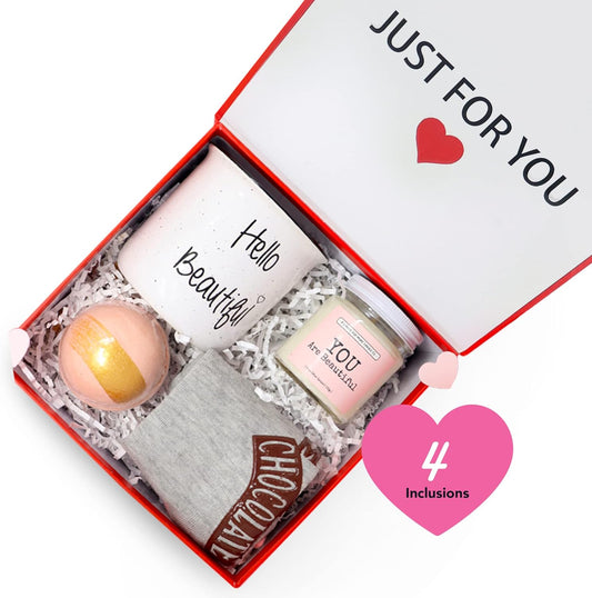 Milky Chic Hello Beautiful Pampering Valentine's Day Care Gift Box, Self Care Gift Box for Women, Valentine’s Day Gift Box for Women with Coffee Mug, Socks, Bath Bomb, & Soy Candle Gift Set