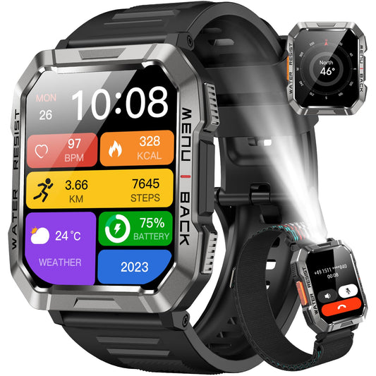 Military Smart Watch for Men(Answer/Make Call), Outdoor Sports Smartwatch with Flashlight/100 Days Battery/Compass/Heart Rate/SpO2/Sleep Monitor/2 Straps, Fitness Tracker for iPhone/Android Phones