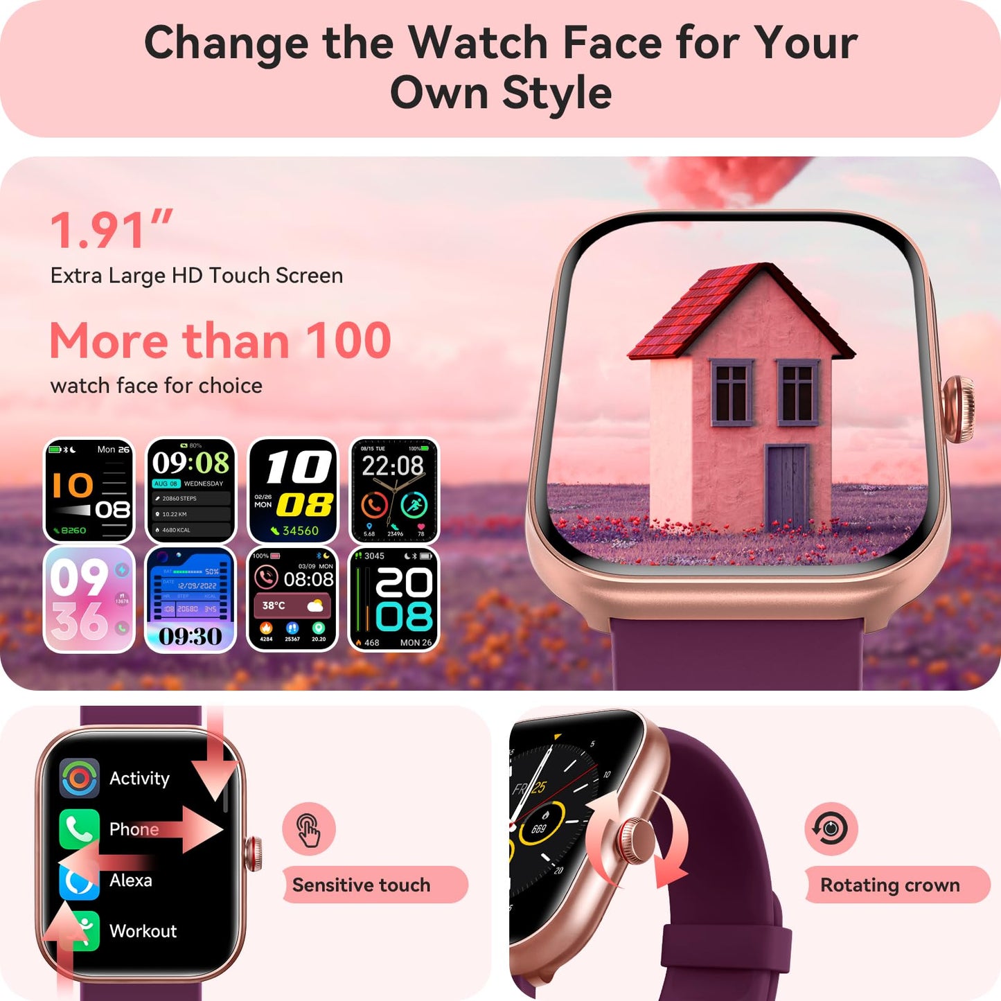 Smart Watch for Women, Smartwatch for iPhone & Android Bluetooth (Answer/Call) Built-in Alexa, 1.91" HD Fitness Tracker with 105+ Sport Modes, IP68 Waterproof, Sleep/Heart Rate/SpO2/Stress Monitor