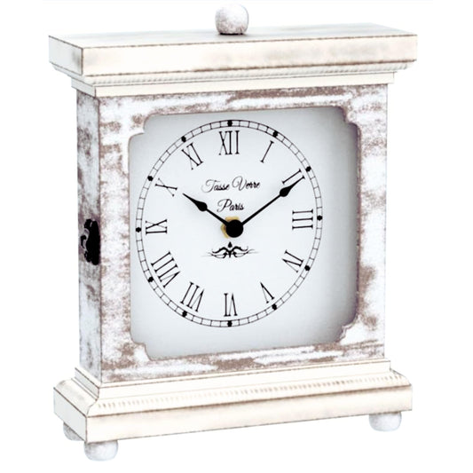 Tasse Verre Rustic Shelf Clock (Quiet) for Living Room Mantel, Table, Or Desk 9" X 7" Farmhouse Decor Distressed White Washed Wood Silent - Office Fireplace. AA Battery Operated Non-Digital, Tan