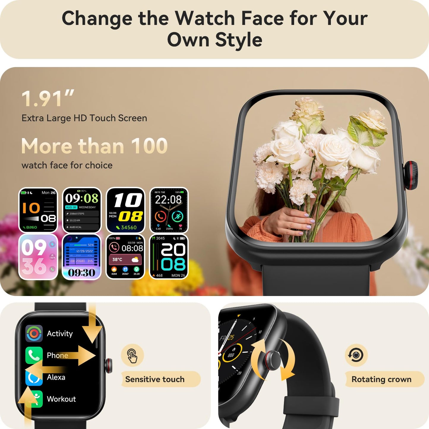 Smart Watch for Women, Smartwatch for iPhone & Android Bluetooth (Answer/Call) Built-in Alexa, 1.91" HD Fitness Tracker with 105+ Sport Modes, IP68 Waterproof, Sleep/Heart Rate/SpO2/Stress Monitor