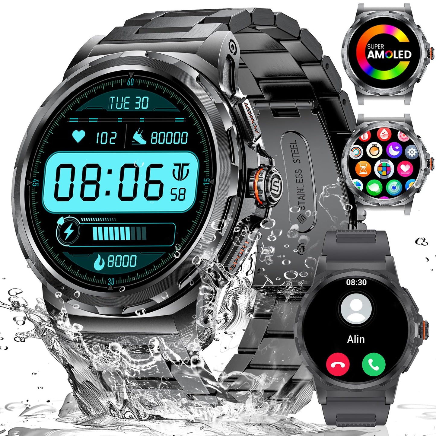 Military Smart Watch for Men(Answer/Dial Calls),1.46'' AMOLED Touchscreen/120 Sports Modes/5ATM Waterproof Fitness Watch with Heart Rate/SpO2/Blood Pressure/Pedometer for Android/iOS Smartwatch Silver