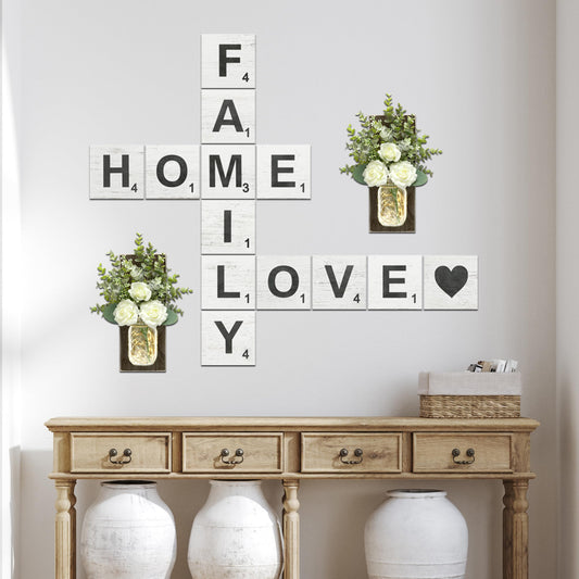 TenXVI Designs Family Home Love Rustic Crossword Wall Decor, 5"x5" Wood Tiles, Living Room Wall Decor, Farmhouse Wall Decor, Family Wall Decor and Art, Family Wall Sign for Family Room Wall Decor, Perfect Housewarming Gift