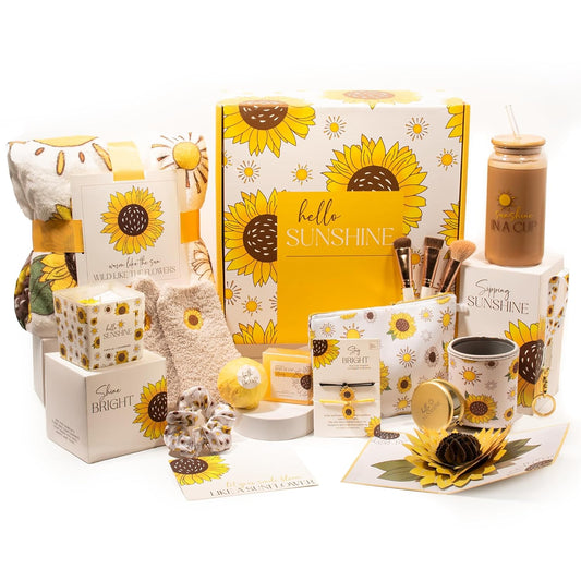 The Love Crate Co Sunflower Gifts for Women, 15pc Gift Box for Birthdays, Get Well Soon Basket, Thinking of You Care Package, Sunshine and Wellness Presents for Women.