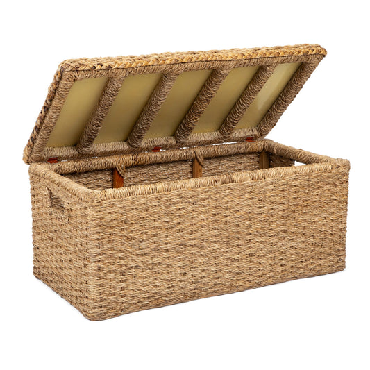 Handwoven Wicker 35" Banana Leaf Rattan Storage Trunk and Chest Seagrass XL Organizers with Lid, Natural Color with Handles